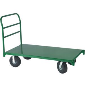 The MH-USA 30 x 60 - Metal Platform Truck is a green flatbed cart with four sturdy black wheels and a durable metal handlebar, ideal for transporting heavy loads effortlessly.
