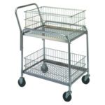 The MH-USA Mail Cart, measuring 33 x 20 x 37.5 inches, includes two vertical wire mesh baskets and four black wheels for smooth movement. It also features a convenient handle on the side for easy maneuvering.