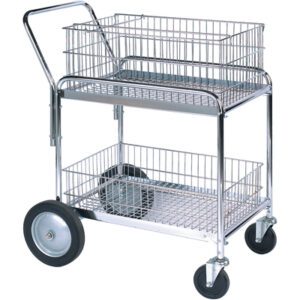 The MH-USA Mail Cart offers a metal utility design with a push handle and dual wire baskets, plus large solid rear wheels and smaller front swivel wheels for easy maneuverability.