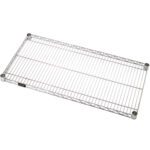 The MH-USA 36 x 18 Wire Shelf is a metal storage unit with a grid pattern, featuring four rubber or plastic caps on the corners for sturdy organization and efficient stacking.
