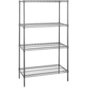 Introducing the MH-USA 48 x 12 x 86 - 4 Shelf Wire Shelving Starter Unit: a free-standing metal storage solution with four evenly spaced shelves and sturdy vertical poles, ideal for all your organizational needs.
