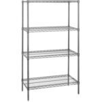 The MH-USA 48 x 18 x 63 - 4 Shelf Wire Shelving Starter Unit offers a sleek design with adjustable grid-style shelves on sturdy silver poles, ideal for home and commercial storage.