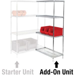 The image shows the MH-USA 48 x 24 x 74 - 4 Shelf Wire Shelving Add-On Unit in chrome with red storage bins on the second and third shelves. A faded starter unit is on the left, highlighting the add-on unit to its right.