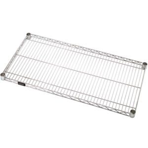 The MH-USA 60 x 18 wire shelves in a convenient 2-pack feature a sleek grid design with sturdy black corner caps. This silver organizer is labeled on one side, perfect for enhancing your shelving units.