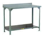 The Little Giant Welded Steel Workbenches with 3 Backstop feature a green metal flat top and robust lower shelf, perfect for workshops or garages.