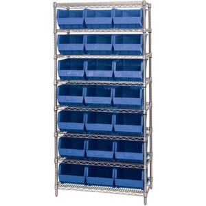 The MH-USA 36 x 18 x 74 wire shelving unit has eight shelves and includes 21 blue bins, offering an open and organized system that enhances accessibility and efficiency for storage solutions.