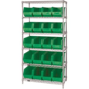 The MH-USA 36 x 18 x 74 shelving unit has six wire tiers ideal for organizing with the included 20 green plastic bins, offering a sleek and efficient storage solution.