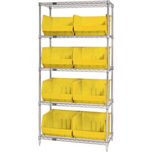 The MH-USA 36 x 18 x 74 metal shelving unit features five wire shelves with eight yellow bins. The open design allows front access, and it stands elegantly against a white background.