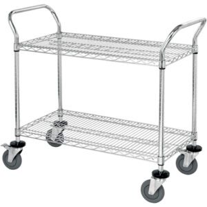 The MH-USA 36 x 18 x 38 cart has two wire mesh shelves, a durable metal build, and four swiveling caster wheels. With handles on both ends, it’s easy to maneuver and its industrial design adds versatility for many uses.