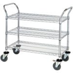 The MH-USA 36 x 18 x 38 Wire Cart has three sturdy shelves, four caster wheels, and two side handles for easy maneuvering. Its open, industrial design is ideal for transporting items in various settings.