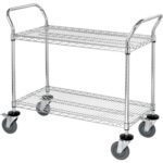 The MH-USA 48 x 24 x 38 - 2 Shelf Heavy-Duty Wire Cart includes two sturdy wire shelves, four swivel casters, dual handles, and a chrome finish for easy item transport.
