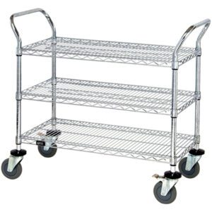 The MH-USA 48x24x38 - 3 Shelf Heavy-Duty Wire Cart features a stainless steel frame, wire mesh shelves, and four swivel casters with dual-end handles for easy maneuvering, offering both practicality and durability for diverse utility needs.