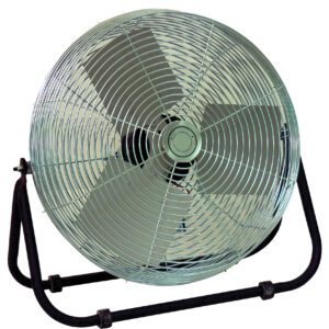 The Vestil Work Station Floor Fan 18 In Blade Dia includes a circular protective grille and a durable black stand for easy tilting and optimal directional airflow, featuring an industrial design with an 18-inch blade diameter.