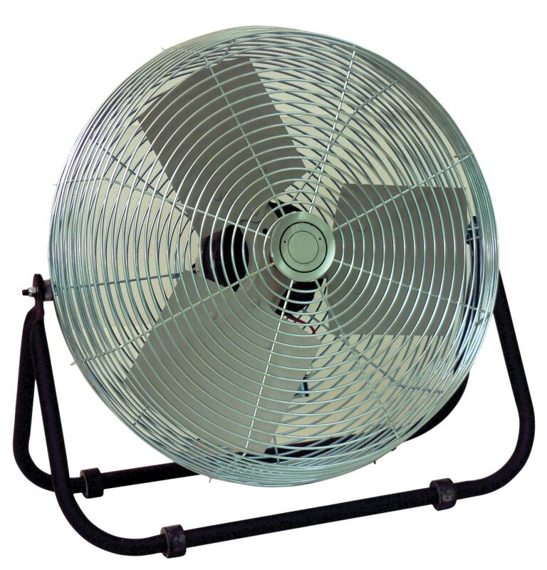 The Vestil Work Station Floor Fan 18 In Blade Dia includes a circular protective grille and a durable black stand for easy tilting and optimal directional airflow, featuring an industrial design with an 18-inch blade diameter.