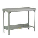 The Little Giant Welded Steel Workbench, in grey, features a sturdy tabletop and lower shelf for storage. It includes raised back and end stops on three sides and four straight legs for enhanced stability.