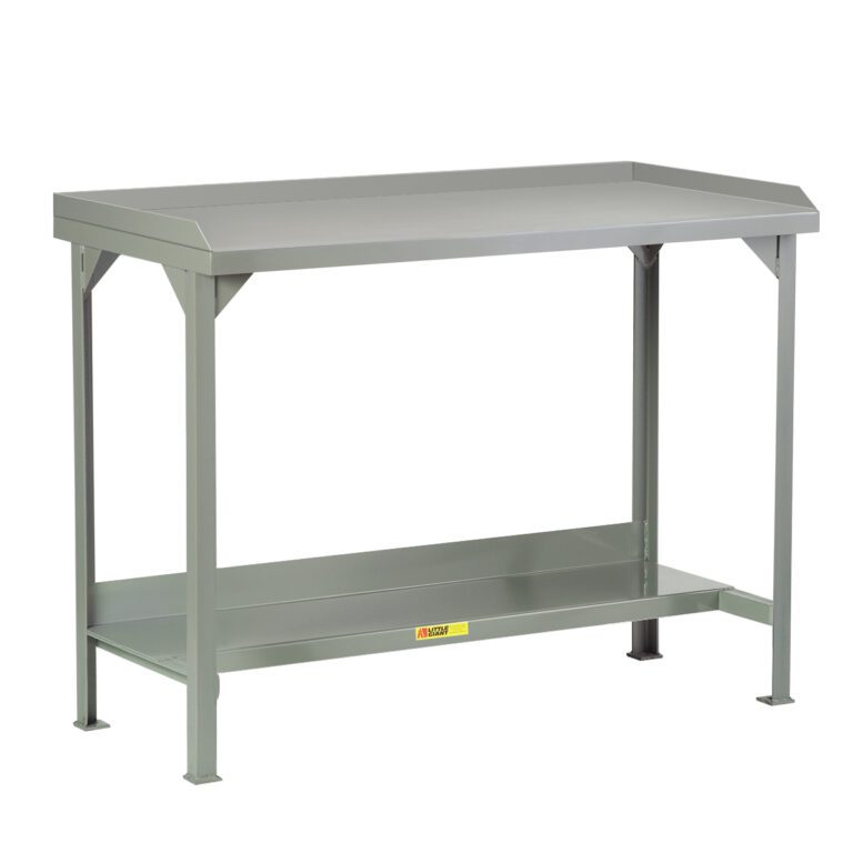 The Little Giant Welded Steel Workbench, in grey, features a sturdy tabletop and lower shelf for storage. It includes raised back and end stops on three sides and four straight legs for enhanced stability.