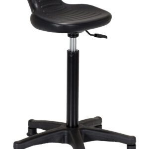 The Vestil Adjustable Sit/Stand Chair 330 Lb Cap features a black swivel design, a rounded plastic seat with a slight backraise, and a gas lift for height adjustments. Its robust five-leg base ensures stability on various floors, supporting up to 330 lbs.