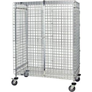 The MH-USA 60 x 24 x 69 Security Cart is a metal wire mesh rolling cage with four wheels and an outward-opening door, designed for secure storage or transport. Its sturdy, industrial look makes it suitable for various uses.