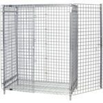 A large, empty metal wire storage cage made with MH-USA 60 x 24 Security Cart Panels has an open front door and a grid pattern for secure storage. Shown from a three-quarter angle, it sits sturdily on a flat surface.