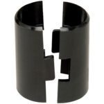 The MH-USA Wire Shelving Split Sleeves (4/Case) are black cylindrical couplings featuring two interlocking pieces with a vertical split, ensuring seamless alignment when properly fitted.
