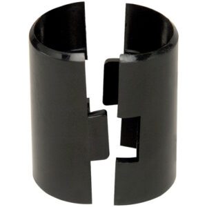 The MH-USA Wire Shelving Split Sleeves (4/Case) are black cylindrical couplings featuring two interlocking pieces with a vertical split, ensuring seamless alignment when properly fitted.