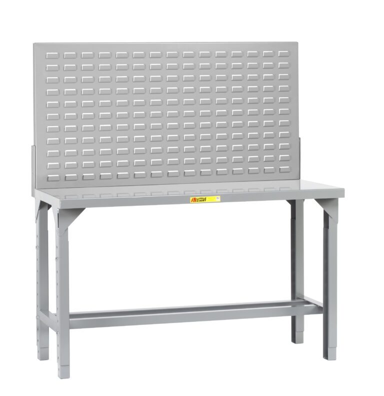 The Little Giant Welded Steel Workbenches with Back and End Stops boast a gray steel design, perforated back panel for tool storage, a solid rectangular tabletop, sturdy legs, lower shelf, and built-in back and end stops for enhanced functionality.