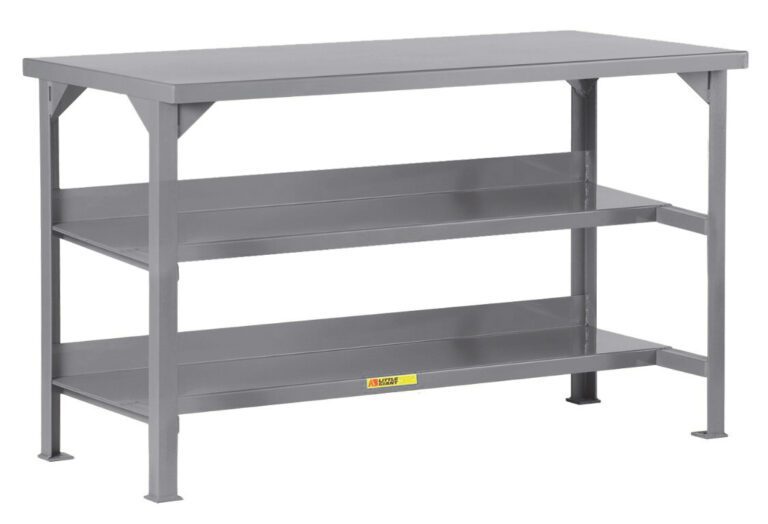 The Little Giant Welded Workbench features a gray metal design with a flat top and two lower shelves. Ideal for heavy-duty tasks, its sturdy legs and reinforced structure make it perfect for workshops or garages.