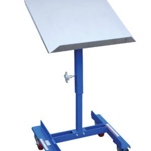The Vestil Mobile Tilting Work Table 150 Lb 22 X 21 features a slanted metal surface and adjustable height with a blue frame, red casters for mobility, and a screw knob for precise height adjustment. It supports up to 150 lbs on its 22 x 21 platform.