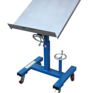 The Vestil Mobile Tilting Work Table 300 Lb 24 X 24 has a blue adjustable stand and a metallic platform, with hand cranks for precise tilting and height adjustments. Its sturdy base and four red caster wheels support smooth mobility with a load capacity of 300 lbs.