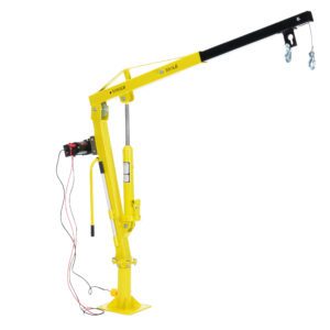 The Vestil Winch Operated Truck Jib Crane - DC is a portable yellow hoist with a black arm, two hooks, and a red electric motor for lifting, perfect for trucks or boats.