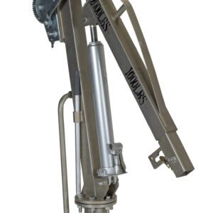 The Vestil Winch Truck Jib Crane .5K Extended SS features a metal manual winch with a crank handle, vertical cylinder, and labeled components on a sturdy base. Its industrial design includes durable stainless steel levers and joints.