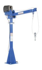 The Vestil AC Powered Lift Jib Crane 2K 3-5 Ft Boom in blue includes a vertical support pillar, 3-5 ft horizontal boom arm, cable, pulley with hook, warning labels, and a top motor for smooth operation. Designed for efficient handling of up to 2K lbs in industrial environments.