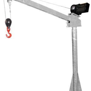 The Vestil DC Powered Jib Crane 2K 3-5 Ft Boom Galv features a silver metal build with a long arm, black motor, and red hook on a sturdy base. Its robust cable connects the motor to the hook, providing easy lifting of heavy objects.