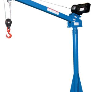 Introducing the Vestil Dc Powered Lift Jib Crane 2K 3-5 Ft Boom: A blue-powered lift crane with a 2,000 lb capacity, adjustable boom from 3 to 5 ft, a long arm with a red hook on a vertical base, and an efficient pulley system for effortless heavy object lifting.