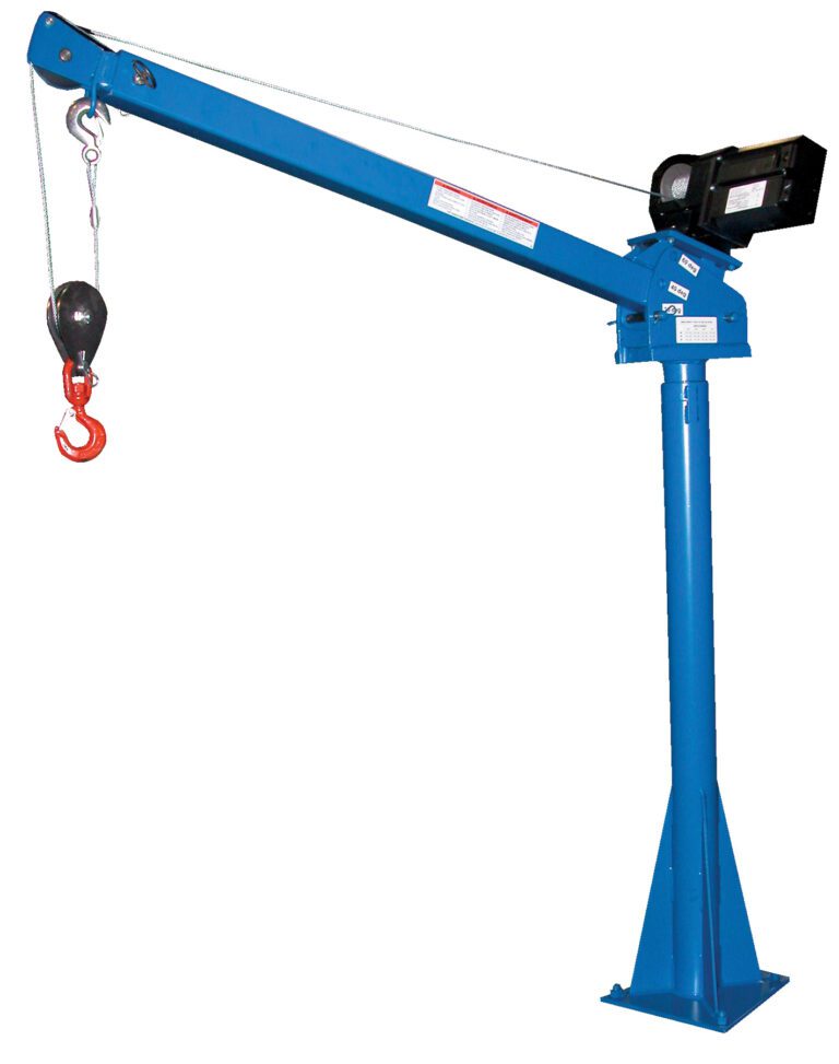 WTJ-20-3-DC_A.jpg Introducing the Vestil Dc Powered Lift Jib Crane 2K 3-5 Ft Boom: A blue-powered lift crane with a 2,000 lb capacity, adjustable boom from 3 to 5 ft, a long arm with a red hook on a vertical base, and an efficient pulley system for effortless heavy object lifting.