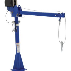The Vestil AC Powered Jib Crane 2K 4-7 Ft Boom CSA features a blue metal arm with a winch and cable, mounted on a triangular base stand. This CSA-approved crane is ideal for industrial lifting, offering efficiency and reliability.