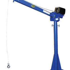 The Vestil AC Powered Lift Jib Crane 2K 4-7 Ft Boom features a long arm extending from a sturdy blue base with a cable and hook, set against a white background.