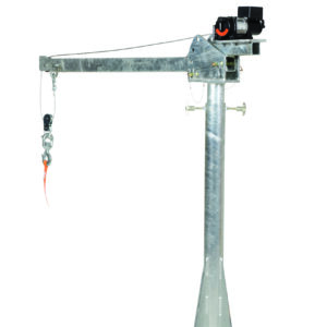 The Vestil Dc Powered Jib Crane 2K features a silver metallic design with a vertical column and 4-7 ft galvanized boom, including a winch and hook, all set against a plain white background for lifting and supporting loads.