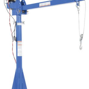 The Vestil DC Powered Lift Jib Crane 2K features a 4-7 ft boom, electric motor, and cable with hook. The crane has a sturdy base, and red and black wires are visible near the mounted motor.