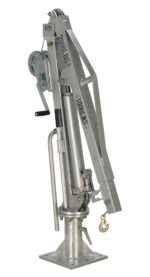 The Vestil Winch Truck Jib Crane 1K Extended Galv is a silver, manual metallic crane with a hand crank, pulley system, sturdy base, adjustable arm, and lifting hook.