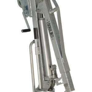 The Vestil Winch Truck Jib Crane 1K Extended Galv is a silver, manual metallic crane with a hand crank, pulley system, sturdy base, adjustable arm, and lifting hook.