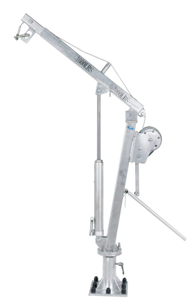 The Vestil Winch Truck Jib Crane 1K Extended Galv is a silver manual aluminum crane featuring a winch and lever arm. Its ideal for lifting and rotating loads, with a sturdy base and adjustable arm for secure attachment, making it perfect for industrial applications.