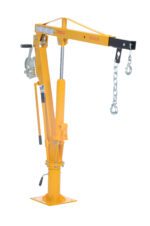 The yellow Vestil Winch Operated Truck Jib Crane 1K Extend, with a hand crank and adjustable arm, includes a chain hook. It mounts on a sturdy square base designed to lift heavy items up to 2000 lbs effortlessly.
