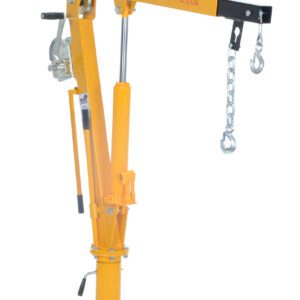 The yellow Vestil Winch Operated Truck Jib Crane 1K Extend, with a hand crank and adjustable arm, includes a chain hook. It mounts on a sturdy square base designed to lift heavy items up to 2000 lbs effortlessly.