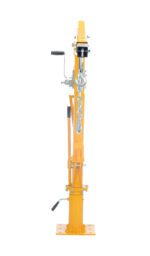 Yellow mechanical lifting jack featuring a handle, chain, base plate, levers, and hinges for vertical lifting in industrial settings; resembles the Vestil Winch Operated Truck Jib Crane 1K Extend.