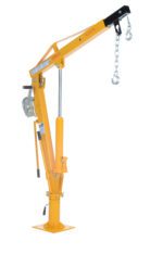 The Vestil Winch Operated Truck Jib Crane 1K Extend is a yellow portable crane with an extendable arm and hook, mounted on a flat base. It has a hand-operated winch for light-duty lifting and is best mounted on stable surfaces.
