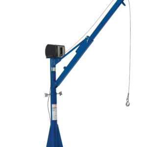 The Vestil Ac Power Jib Crane 1.5K 66 In Boom Csa has a blue industrial jack, a long adjustable arm with cable and hook, and stands on a triangular base. It features supportive components and adjustment points, ensuring reliability and precision for lifting tasks in any workspace.