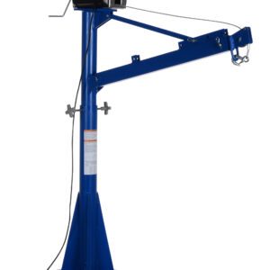 The Vestil AC Power Lift Jib Crane 1.5K 66 In Boom includes a blue electric cable hoist, sturdy triangular base, vertical column, and adjustable 66-inch boom with a pulley system for lifting up to 1.5K precisely.