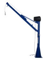 The Vestil Ac Power Lift Jib Crane 1.5K offers a blue, manual design with a sturdy base and a 66-inch boom featuring a lifting hook, ideal for handling heavy loads against a plain white background.