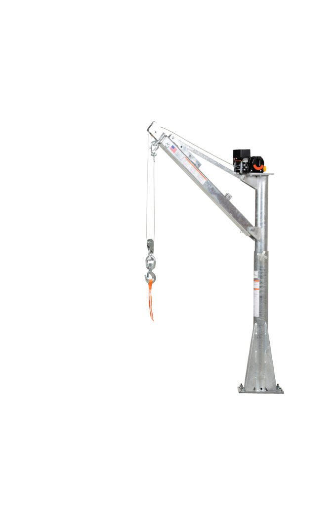A Vestil Dc Power Jib Crane 1.5K 66 In Boom Galv, with a 1.5K capacity and a 66-inch boom, is displayed against a plain white background, emphasizing its mechanical arm, industrial design, and galvanized finish.